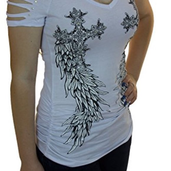 Bling White Side Cross Feather Razor Cut T Top - Picture 3 of 5